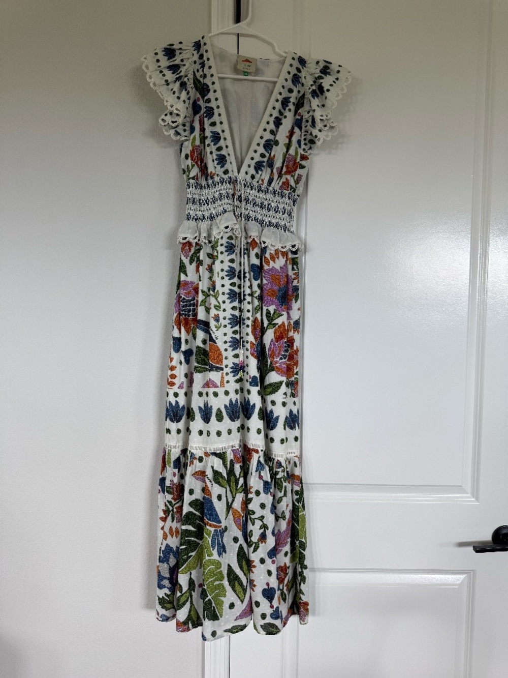 Farm Rio Tiered Maxi Dress — White Floral, Size XS